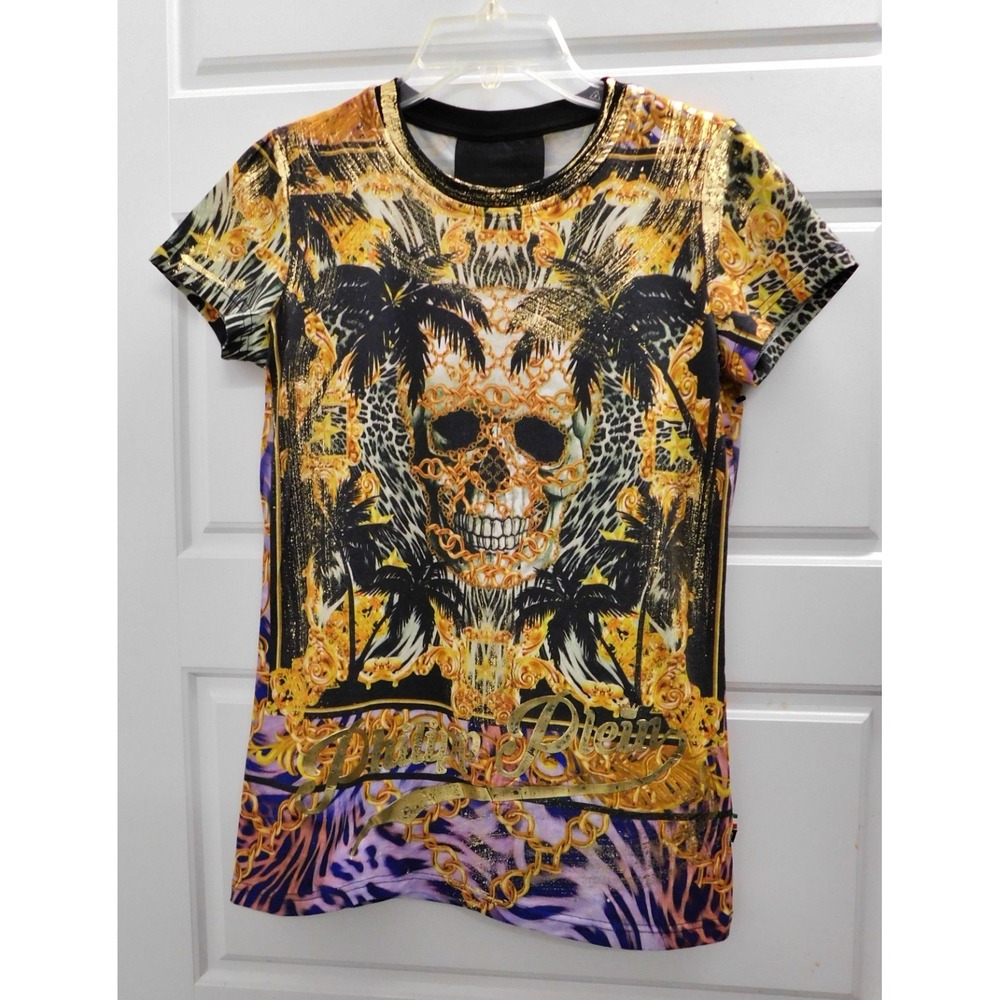 Philipp Plein Baroque Skull T Shirt Gold Paint Detail RARE sz M